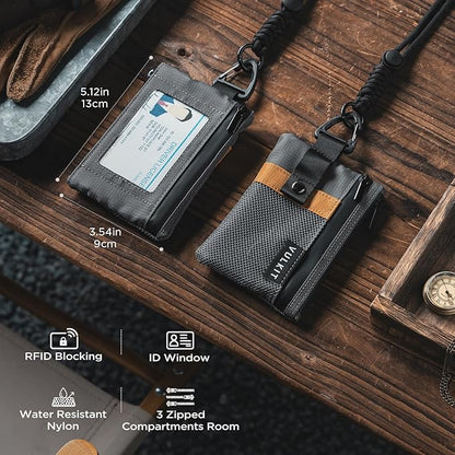 VULKIT Small RFID Wallet for Women & Men – Minimalist Zipper Wallet with ID Window, Keychain & Carabiner, Holds 15 Cards, Water Resistant Travel Lanyard Wallet Grey