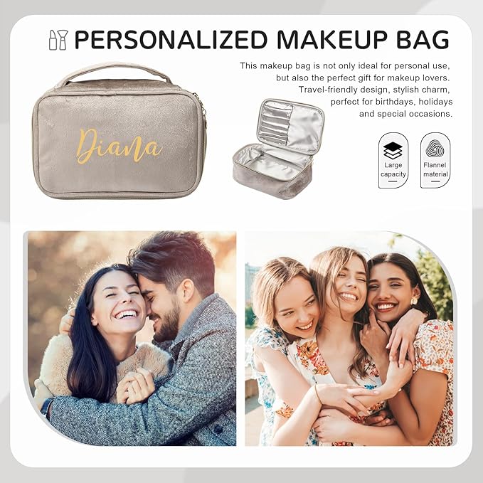 Personalized Name Makeup Bags - Monogrammed Gift for Women Girls Cosmetic Bag with Zipper Gift Ideal for Teen Girls Women Birthday Friend Mom (Khaki)