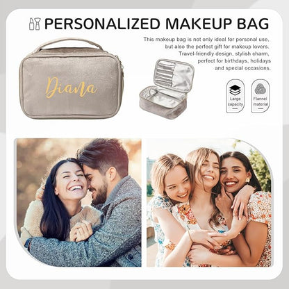Personalized Name Makeup Bags - Monogrammed Gift for Women Girls Cosmetic Bag with Zipper Gift Ideal for Teen Girls Women Birthday Friend Mom (Khaki)