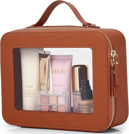 Pinkmik Clear Makeup Bag Waterproof Travel Case for Cosmetics and Toiletries Women's Makeup Organizer and Car Bag with Zipper (X/Brown, L)