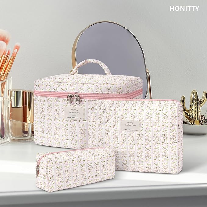 Makeup Bag,Quilted Cosmetic Bags,Large Floral Make Up Organize bag,Makeup Bag Set for Women,Flower Travel Toiletry Bag