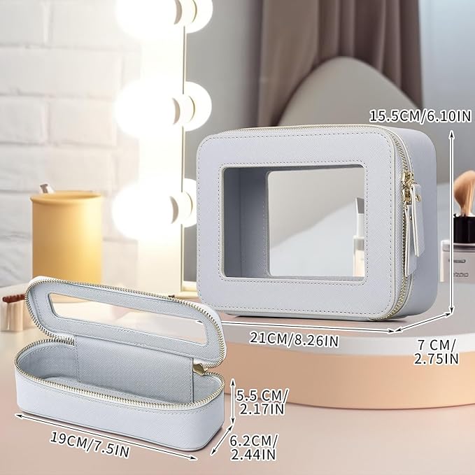 Pinkmik Travel Clear Makeup Bag with Brush Case TSA Approved Toiletry Bag Waterproof Cosmetic Organizer with Zipper Car Essential for Women (Gray, M+SLIM)
