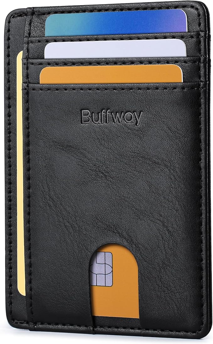 Buffway Slim Minimalist Front Pocket RFID Blocking Leather Wallets for Men and Women - Slate Black