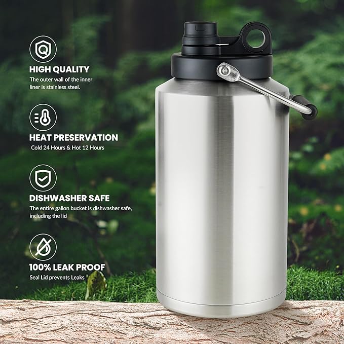 1 Gallon Water Jug Bottle Insulated with Straw, 128oz Stainless Steel Water Bottle Jug Wide Mouth Double Vacuum Dishwasher Safe BPA Free for Hot & Cold Drinks Stainless Steels