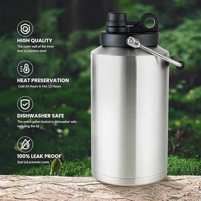 1 Gallon Water Jug Bottle Insulated with Straw, 128oz Stainless Steel Water Bottle Jug Wide Mouth Double Vacuum Dishwasher Safe BPA Free for Hot & Cold Drinks Stainless Steels