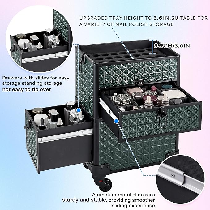 Makeup Train Case with Drawer, Rolling Makeup Case, Cosmetology Case on Wheels, Gift, Large Makeup Case Organizers, Professional for Salon Barber, Nail, Tattoo, Black Green