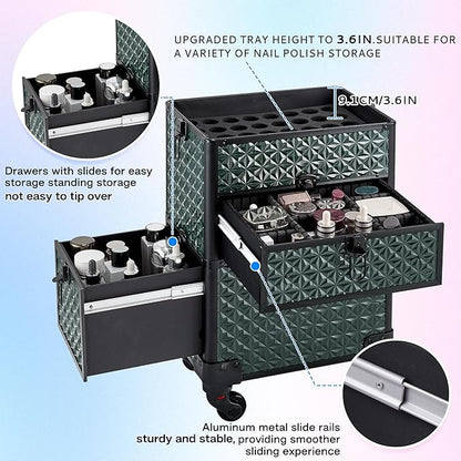 Makeup Train Case with Drawer, Rolling Makeup Case, Cosmetology Case on Wheels, Gift, Large Makeup Case Organizers, Professional for Salon Barber, Nail, Tattoo, Black Green