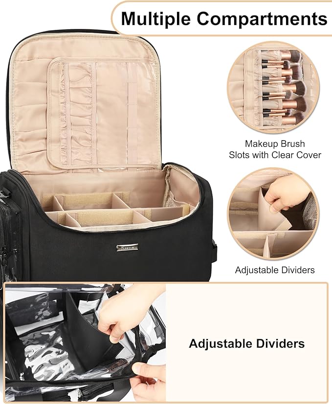 Relavel Rolling Makeup Train Case, Cosmetology Case on Wheels with 4 Clear Bags and Clear Makeup Bag, Professional Makeup Artist Set Bags Organizer with 360° Spinner Wheels