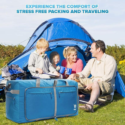 Bago Large Foldable Duffel Bags for Traveling Women & Men - 120L Packable Duffle Bag for Travel with Shoe Compartment - Water Repellant, Heavy Duty, Lightweight Folding & Collapsible (Blue)