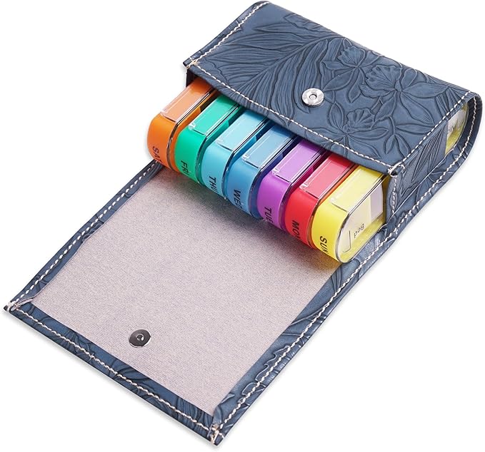 Pill Organizer,LIZIMANDU Weekly Travel Pill Case Box Medication Reminder Daily AM PM, Day Night 7 Compartments,for 4 Times A Day, 7 Days a Week-Includes Leather PU Carrying Case(1-Carved Blue3)