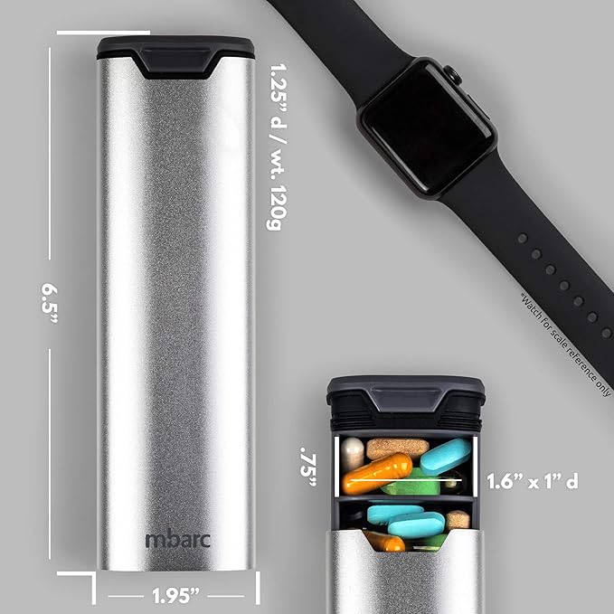 7 Day Weekly Pill Organizer 2.0 by mbarc - Premium Stylish Aluminum and Wood Large Capacity Pill Box for Supplements, Pills, Vitamins and Medication. (Metallic Silver)
