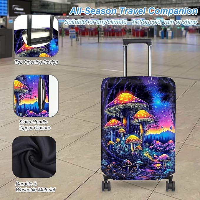 Luggage Cover Protector for 26-28 Inch Suitcases, TSA Approved Elastic Travel Suitcase Covers, Anti-Scratch Washable Luggage Sleeve for Carry On & Checked Bags, Mushroom Forest