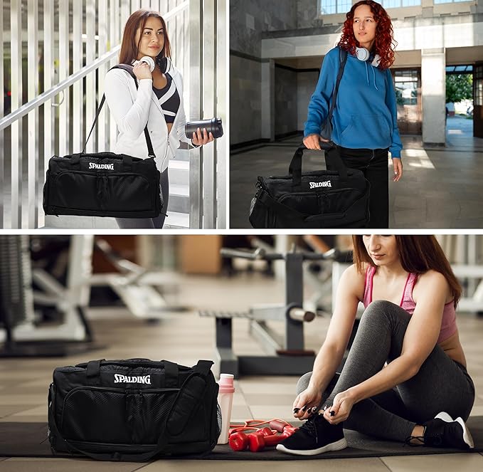 Spalding Duffle Bag Gym Bag for Men and Women | Large Black Duffel with Shoe and Wet Compartment | Use for Sport Gear and Accessories | Waterproof Bags for Sports Fitness Workout Travel