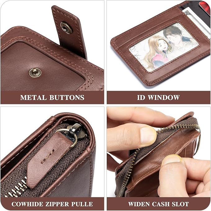Genuine Leather Zipper Wallet for Men RFID Blocking Large Capacity Vintage Wallet with Coin Pocket ID Window, Coffee