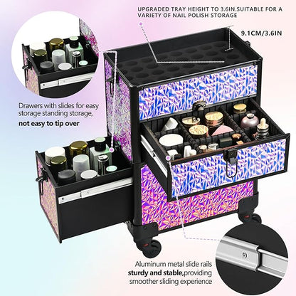 Makeup Train Case with Drawer, Rolling Makeup Case, Cosmetology Case on Wheels, Gift, Large Makeup Case Organizers, Professional for Salon Barber, Nail, Tattoo, Black Colourful