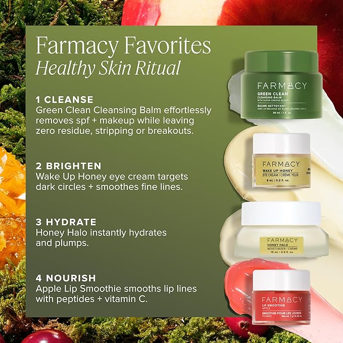 Farmacy Favorites Skin Care Set - Includes Green Clean Cleansing Balm, Wake Up Honey Eye Cream, Honey Halo Face Moisturizer & Lip Smoothie - Travel Size Skincare for Healthy, Glowing Skin (4 Count)