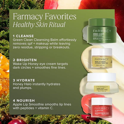 Farmacy Favorites Skin Care Set - Includes Green Clean Cleansing Balm, Wake Up Honey Eye Cream, Honey Halo Face Moisturizer & Lip Smoothie - Travel Size Skincare for Healthy, Glowing Skin (4 Count)