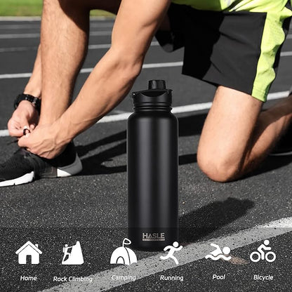 HASLE OUTFITTERS 40oz Stainless Steel Water Bottle, Vacuum Insulated Double Walled Leak Proof Sports Water Bottle with 2 Lids (Straw and Spout Lid) Thermo Mug Keep Cold and Hot(Black,4)