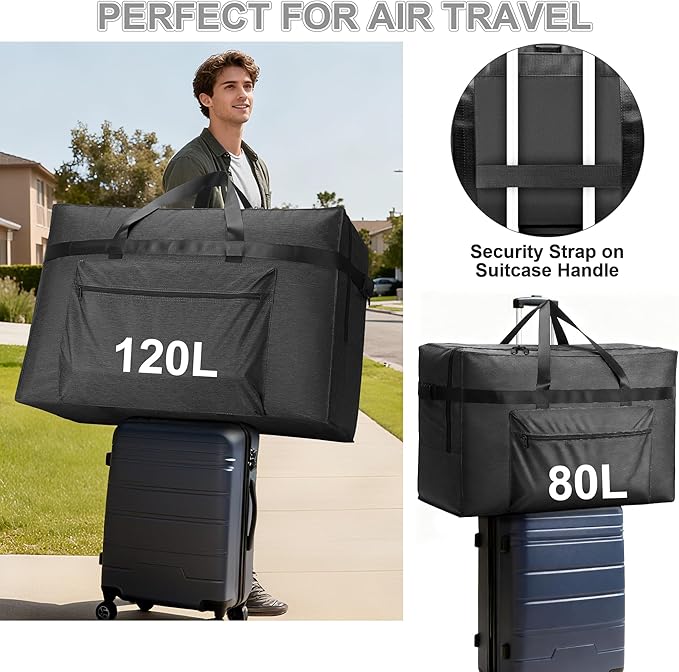 SUNUP Extra Large Duffle Bag for Travel, 120L Foldable Travel Duffel Bag for Men Women, Waterproof Overnight Weekender Moving Storage Bags, Black