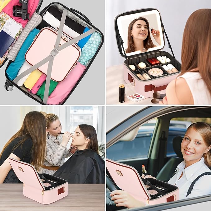 Travel Makeup Bag with Led Mirror Make up Case with Lighted Mirror Cosmetic Organizer bag with Adjustable Dividers and 5X Magnifying Mirror Makeup Box Vanity Case for Women