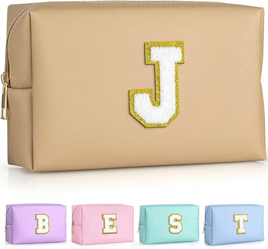 TOPEAST Birthday Gifts for Girls, Travel Makeup Bag Chenille Letter Pouch Cosmetic Bag, Makeup Travel Organizer, Monogrammed Bridesmaid Gifts for Women, Cute Stuff for Girls (Khaki J)