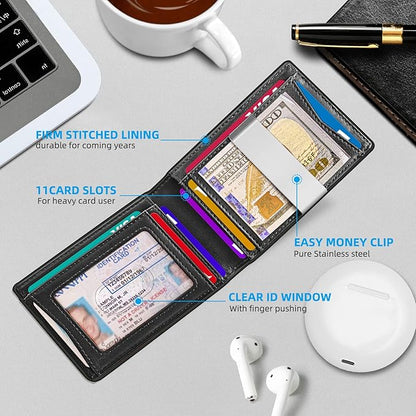 Genuine Leather Wallet for Men, Slim Bifold RFID Blocking with Zipper Coin Pocket, Minimalist Design for Travel and Daily Use (Black)