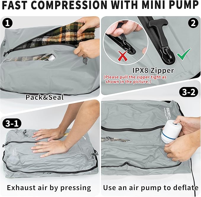 Reusable Vacuum Bags for Travel With Pump,Professional Waterproof IPX8 Zipper Vacuum Compression Bag for Suitcases Backpack,Space Saver Bags Packing Organizers for Clothing Packing(3PACK+PUMP)