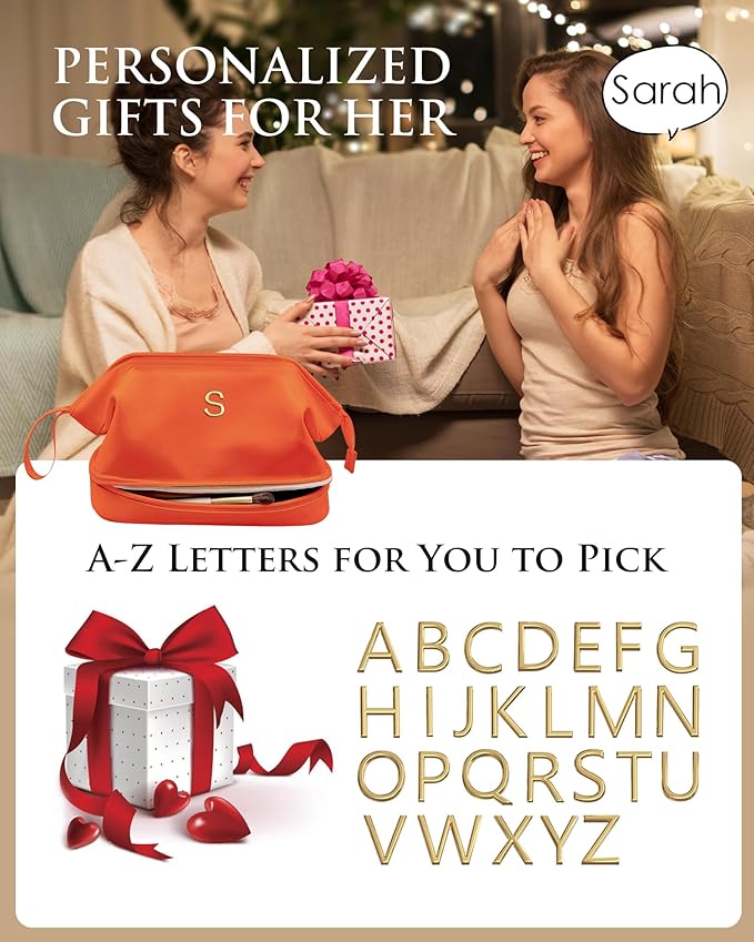 Initial Makeup Bag, Daughter Gifts, Personalized Double Layer Cosmetic Bag with Makeup Brush Organizer, Waterproof, Large Capacity PU Leather Travel Toiletry Bag Cute Things for Girls