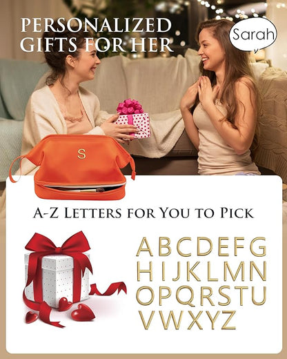 Initial Makeup Bag, Daughter Gifts, Personalized Double Layer Cosmetic Bag with Makeup Brush Organizer, Waterproof, Large Capacity PU Leather Travel Toiletry Bag Cute Things for Girls