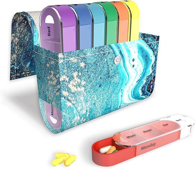 Pill Organizer,LIZIMANDU Weekly Travel Pill Case Box Medication Reminder Daily AM PM, Day Night 7 Compartments,for 4 Times A Day, 7 Days a Week-Includes Leather PU Carrying Case (Blue Quicksand)