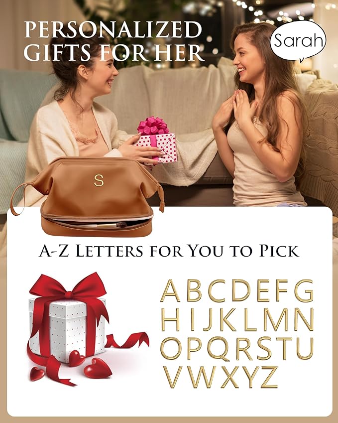 Women Gifts, Personalized Makeup Bag, Monogrammed Gifts, Initial Double Layer Cosmetic Bag with Makeup Brush Organizer, Travel Toiletry Bag, Gifts for Friends Female Mom, Teen Girl Gifts