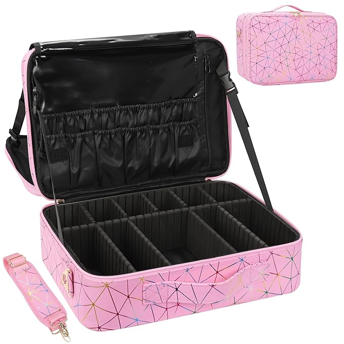 MONSTINA Professional Makeup Case Bag|3 Layers Large Capacity Cosmetic Organizer Brush Bag,Barber Train Case Makeup Artist Box,PU Leather Stylish Geometric Reflection Patterns Pink