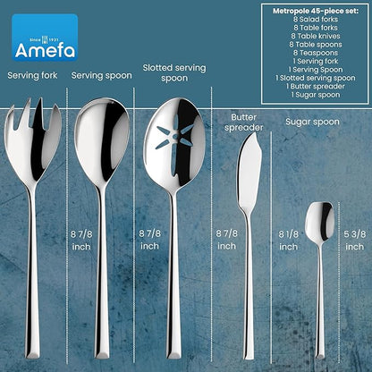 Amefa Metropole 45-Piece Flatware, Set for 8 – Stainless Steel Silverware, Polished Mirror Finish, Ergonomic Rust-Resistant Cutlery, Forks, Knives, Spoons, Salad Forks & Teaspoons for Dining & Parties