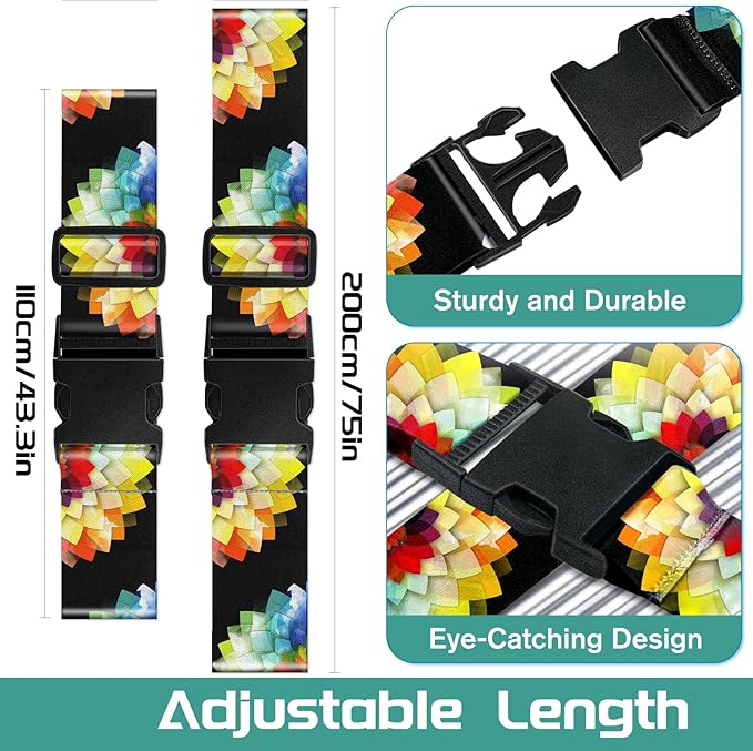 Slohif Luggage Straps for Suitcases Travel Belt Accessories Luggage Connector Identifiers Over Handle with Buckle Unique Nylon Adjustable Strap for Sleeping Bag Car Seat Colorful Flower (2 Pack)