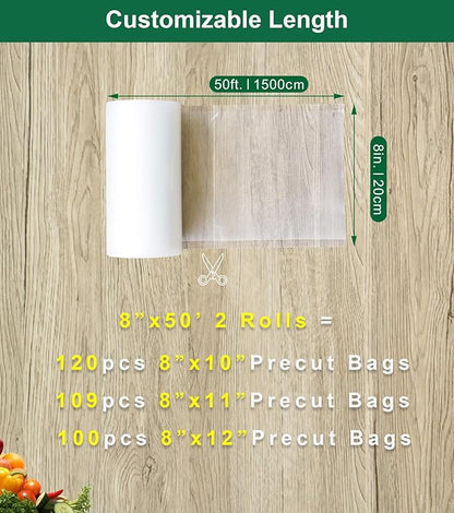 Vacuum Sealer Bags for Food, BPA-free Heavy Duty Vacuum Sealer Bags Rolls 8 Inch 50 Feet 2-pack, Ideal for Custom Fit Food Saver, Seal a Meal, or Sous Vide