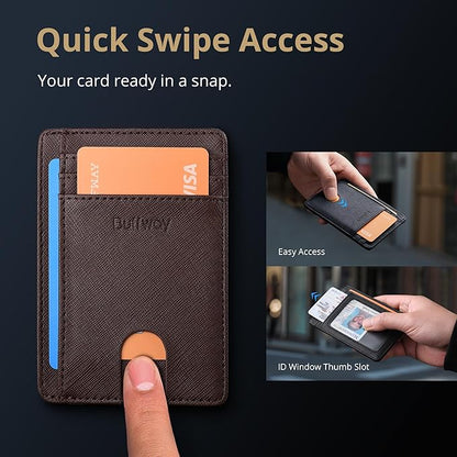 Buffway Slim Minimalist Front Pocket RFID Blocking Leather Wallets for Men and Women - Cross Coffee
