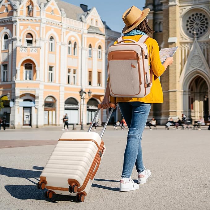 UKEIN Luggage Sets 3 Piece, PC Hardside Carry On Luggage 28 Inch With Spinner Wheels with TSA Lock, Carry On Suitcase Set With Travel Backpack for Men (Beige, 3 piece set (28inch))