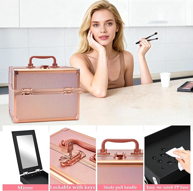 Makeup Train Case, Portable Makeup Case with Mirror, 2-Trays Cosmetic Organizer Case,Nail Polish Organizer, Travel Makeup Box, Profesional for Salon Barber, Rose Gold