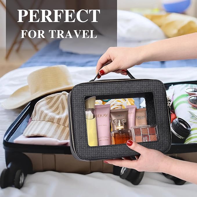 Pinkmik Clear Makeup Bag with Brush Bag 2pcs Waterproof Travel Case for Cosmetics and Toiletries Women's Cosmetic Organizer with Zipper (Black, L+SLIM)