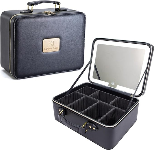 Travle Makeup Bag with LED Mirror, Portable Makeup Artist Organizer Case with Lighted Mirror, Makeup Bag with Adjustable Dividers, Cosmetic Brush Storage Box for Women Gift