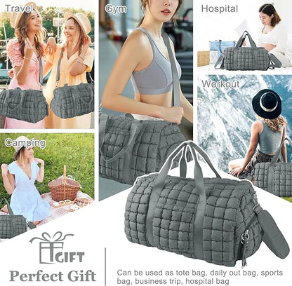 Quilted Travel Duffle Bag Gym Bag for Women,Large Puffer Duffle Weekender Bag with Compartment,Workout Overnight Carry on Organizer Bag Duffle Bag for Airplane Travel(L-Grey)