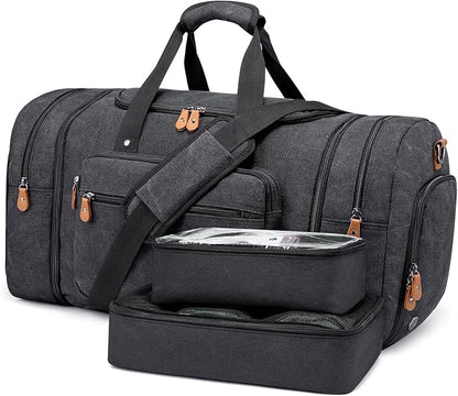 Sucipi Canvas Travel Duffel Bag for Men, Weekend Overnight Bag with Shoe Compartment and Toiletry Bag, Carry-On for Airplanes, Dark Grey
