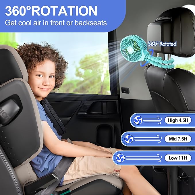 WiHoo Portable Stroller Fan, 11H Ultra-long Battery Life 3 Speed 360°Rotate, USB Rechargeable or Battery Operated Cooling Clip On Personal Fan for Baby Crib Travel Car Seat Blue