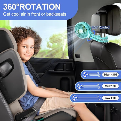 WiHoo Portable Stroller Fan, 11H Ultra-long Battery Life 3 Speed 360°Rotate, USB Rechargeable or Battery Operated Cooling Clip On Personal Fan for Baby Crib Travel Car Seat Blue