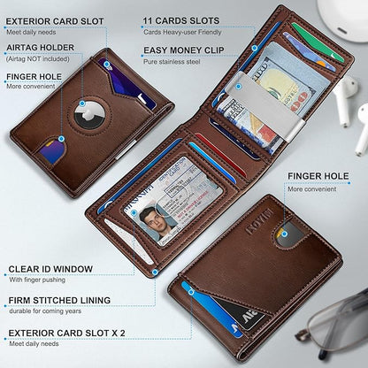 Airtag Wallet for Men,with Money Clip 11 Cards Slim Front Pocket Leather RFID Blocking Wallet with Gift Box