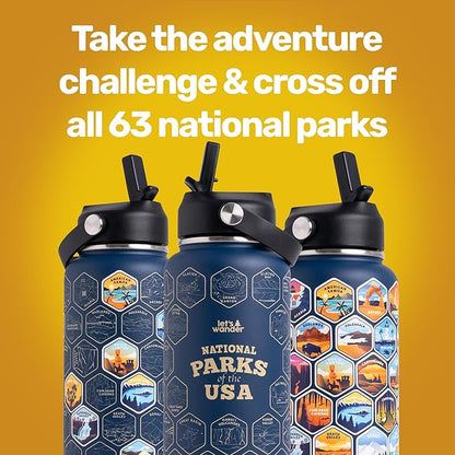 LET'S WANDER Original National Parks Water Bottle with 63 Waterproof Stickers - 32oz Leakproof Insulated Stainless Steel with Straw - USA Hiker Gift Bottle (Blue)