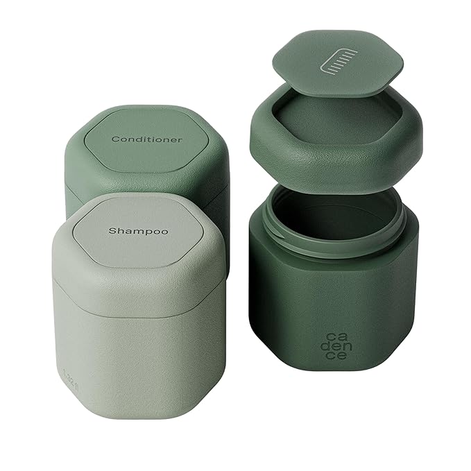 Cadence Travel Containers Haircare Capsule Set - Magnetic Containers with Lids,Carry On Travel Essentials For Women/Men - 3 Flex Mediums (1.32oz) - Shampoo, Conditioner & Comb Icon Labels - Evergreen