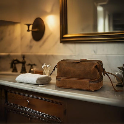 LEATHER VILLAGE Genuine Leather Dopp Kit – Large Travel Toiletry Bag with Waterproof Lining, Dual-Zip Design for Men & Women, Organizer for Shaving, Makeup & Essentials - Brown