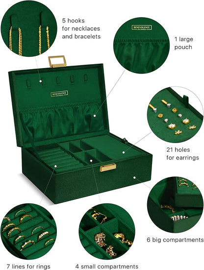 Benevolence LA 2 Layer Jewelry Box for Women, Large Velvet Jewelry Organizer with Decorative Lock, Removable Jewelry Tray, Earrings, Bracelets, Rings and Necklace Storage Box - Emerald