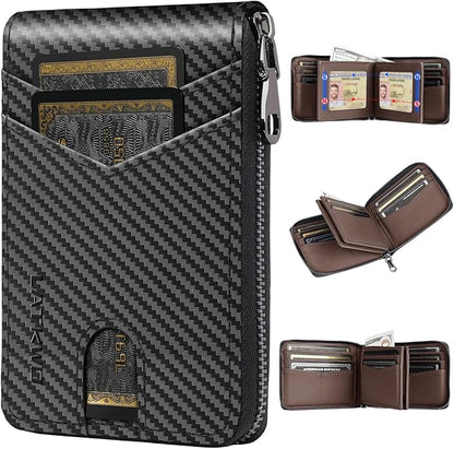 Men’s RFID Blocking Zipper Large Dimensions Wallet with 2 ID Windows - Large Capacity Design, 13 Credit Card Slots